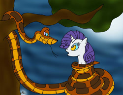 Size: 900x690 | Tagged: safe, artist:lol20, imported from derpibooru, rarity, pony, snake, unicorn, coiling, coils, duo, eyeshadow, female, horn, hypno eyes, hypnority, hypnosis, hypnotized, kaa, kaa eyes, lidded eyes, looking at each other, looking at someone, makeup, male, mare, open mouth, smiling, tongue out, tree, wrapped snugly, wrapped up