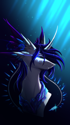 Size: 2160x3840 | Tagged: safe, artist:onyxstreak, imported from derpibooru, oc, oc only, big cat, original species, pony, tiger, unicorn, asmin, blue eyes, blue mane, bust, crystal, digital art, glowing, glowing eyes, high res, horn, jewelry, lighting, northling, portrait, regalia, render, shading, simple background, solo, sparkles, white coat