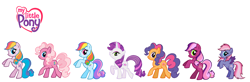 Size: 3680x1200 | Tagged: safe, artist:durpy, artist:unknown8904532894589, imported from derpibooru, cheerilee (g3), pinkie pie (g3), rainbow dash (g3), scootaloo (g3), starsong, sweetie belle (g3), toola roola, earth pony, pegasus, pony, unicorn, base used, bipedal, colored wings, core seven, eyeshadow, female, freckles, g3, g3 to g4, g3.5, g3.5 to g4, generation leap, horn, looking at you, looking back, makeup, multicolored hair, my little pony logo, rainbow hair, rainbow tail, raised hoof, recolor, simple background, smiling, smiling at you, spread wings, tail, toola-roola, walking, white background, wings