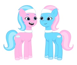 Size: 640x544 | Tagged: safe, artist:jazzhooves, imported from derpibooru, aloe, lotus blossom, earth pony, pony, duo, duo female, eyeshadow, female, g4 to g5, g5, generation leap, makeup, my little pony: tell your tale, open mouth, open smile, siblings, simple background, smiling, spa twins, twins, white background