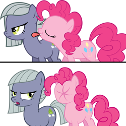 Size: 1500x1500 | Tagged: safe, imported from derpibooru, limestone pie, pinkie pie, pony, 2 panel comic, :p, comic, duo, duo female, female, lemon meme, licking, limestone pie is not amused, meme, puckered face, simple background, sour, tongue out, unamused, white background