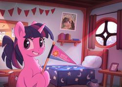Size: 5000x3556 | Tagged: safe, artist:nookprint, imported from derpibooru, daring do, spike, twilight sparkle, pony, unicorn, adorkable, alternate hairstyle, bed, bedroom, bookshelf, chest fluff, college, crepuscular rays, cute, desk, dork, dormitory, grin, horn, poster, smiling, solo, twiabetes, unicorn twilight, window