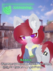 Size: 4096x5461 | Tagged: safe, artist:sodapop sprays, imported from derpibooru, oc, oc:municorn, oc:skyfire lumia, pegasus, pony, fallout equestria, another settlement needs our help i'll mark it on your map, blushing, chest fluff, clothes, ear fluff, fallout, fallout 4, imminent death, imminent everything, jumpsuit, looking at you, meme, pipboy, quicksave, quicksaving, settlement, text, this will not end well, vault suit