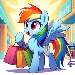 Size: 1024x1024 | Tagged: safe, imported from derpibooru, rainbow dash, pegasus, pony, ai content, ai generated, bag, bags, female, floor, generator:bing image creator, generator:dall-e 3, happy, mall, open mouth, prompter:equestria pony fans, shadow, shop, shopping, shopping bag, shopping cart, shopping mall, smiling, solo, text, wrong cutie mark