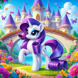 Size: 1024x1024 | Tagged: safe, imported from derpibooru, rarity, butterfly, insect, pony, unicorn, ai content, ai generated, bush, castle, cloud, eyeshadow, female, flag, flower, generator:bing image creator, generator:dall-e 3, grass, ground, hill, horn, leaf, makeup, meadow, outdoors, path, prompter:equestria pony fans, raised hoof, river, sky, solo, sparkles, tree, water, window, wrong cutie mark