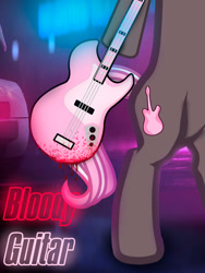 Size: 1200x1600 | Tagged: safe, artist:i'm derpy, imported from derpibooru, oc, oc only, oc:bronyka, pony, unicorn, bipedal, blood, female, guitar, horn, mare, musical instrument, neon, poster, solo, text