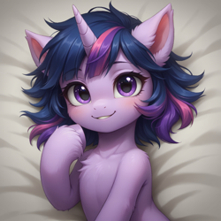 Size: 1328x1328 | Tagged: safe, imported from derpibooru, twilight sparkle, pony, unicorn, ai content, ai generated, beautiful, bed, blushing, chest fluff, cute, ear fluff, ear tufts, ears up, eyebrows, eyebrows visible through hair, eyelashes, female, filly, filly twilight sparkle, fluffy, foal, generator:bluefox mix, generator:stable diffusion, horn, looking at you, lying down, messy mane, on back, pose, pretty, prompter:adorablebluefox, raised hoof, short mane, smiling, smiling at you, solo, twiabetes, unshorn fetlocks, younger