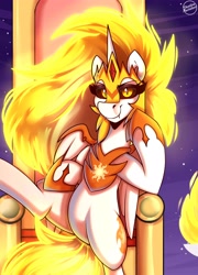 Size: 3600x5000 | Tagged: safe, artist:shadowreindeer, imported from derpibooru, daybreaker, alicorn, pony, looking at you, solo, starry background, throne