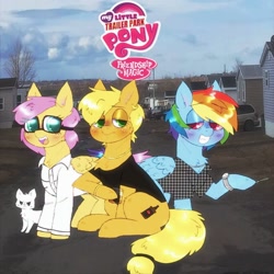 Size: 1964x1964 | Tagged: safe, artist:mclovin, imported from derpibooru, angel bunny, applejack, fluttershy, rainbow dash, cat, earth pony, pegasus, pony, alcohol, alternate hairstyle, bubbles (trailer park boys), catified, clothes, crossover, drink, drug use, drugs, glass, glasses, high, jewelry, joint, julian (trailer park boys), marijuana, necklace, open mouth, open smile, ricky (trailer park boys), shirt, short hair, smiling, species swap, stoned, trailer park boys, watch, whiskey