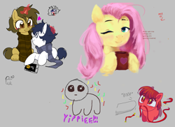 Size: 1535x1118 | Tagged: safe, artist:heknta, artist:inkp0ne, imported from derpibooru, fluttershy, oc, oc:michel tusche, oc:sagiri himoto, earth pony, pegasus, unicorn, aggie.io, autism creature, blood, clothes, confetti, couple, cup, cute, digital art, glowing, glowing horn, gyatt, heart, horn, lemon ink, love, magic, nosebleed, pixel art, scarf, shared clothing, shared scarf, shipping, shyabetes, sweater, wires
