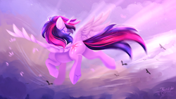 Size: 1920x1080 | Tagged: safe, artist:jsunlight, imported from derpibooru, twilight sparkle, alicorn, bird, pony, cloud, crepuscular rays, ear fluff, facing away, female, flying, mare, sky, solo, sparkles, spread wings, twilight sparkle (alicorn), underhoof, wings