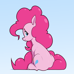 Size: 2475x2464 | Tagged: safe, artist:aquaticvibes, imported from derpibooru, pinkie pie, earth pony, pony, female, frown, light blue background, looking back, mare, simple background, sitting, solo