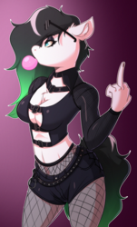 Size: 1792x2968 | Tagged: safe, artist:witchtaunter, imported from derpibooru, oc, oc only, anthro, big breasts, breasts, bubblegum, chest fluff, cleavage, clothes, commission, ear fluff, female, fishnet clothing, fishnets, food, goth, gradient background, gum, middle finger, midriff, oc name needed, shorts, socks, solo, stockings, sunglasses, thigh highs, vulgar
