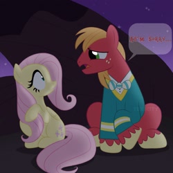 Size: 3000x3000 | Tagged: safe, artist:texacity, imported from derpibooru, big macintosh, fluttershy, earth pony, pegasus, pony, filli vanilli, alternate ending, dialogue, duo, duo male and female, female, fluttermac, looking at each other, looking at someone, male, mare, ponytones outfit, shipping, signature, sitting, speech bubble, stallion, straight