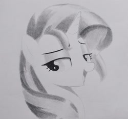 Size: 2288x2120 | Tagged: safe, artist:mizhisha, imported from derpibooru, sunset shimmer, pony, unicorn, bust, female, grayscale, horn, looking back, mare, monochrome, open mouth, open smile, pencil drawing, smiling, solo, traditional art