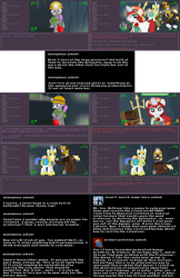 Size: 2562x3949 | Tagged: safe, artist:askbritanniamlp, imported from derpibooru, oc, oc only, oc:britannia, oc:buckler, oc:flashbang, oc:nutcracker, oc:rockhopper, oc:rose quartz, pony, ask britannia, detonator, magic, trident