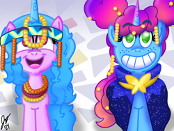 Size: 2160x1620 | Tagged: safe, artist:jesslmc16, imported from derpibooru, izzy moonbow, pony, unicorn, spoiler:g5, spoiler:my little pony: tell your tale, spoiler:tyts02e02, afro puffs, alternate hairstyle, beads, cape, clothes, crystal brighthouse, cute, digital art, duo, duo female, female, freckles, g5, headband, heavy is the mane that wears the fruit crown, horn, izzybetes, mare, misty brightdawn, mistybetes, my little pony: tell your tale, poofy mane, procreate app, rebirth misty, scene interpretation, signature, smiling, tiled background, tiled floor