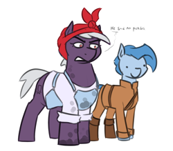 Size: 1688x1476 | Tagged: safe, artist:moonatik, imported from derpibooru, oc, oc only, earth pony, pony, belt, boots, clothes, colored sketch, female, headband, husband and wife, larger female, male, mare, military uniform, overalls, shirt, shoes, size difference, sketch, stallion, uniform