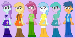Size: 1573x804 | Tagged: safe, artist:maddiewondermanforever36, imported from ponybooru, cotton cloudy, first base, liza doolots, noi, petunia, ruby pinch, tootsie flute, human, equestria girls, adorabase, alternate mane six, aura (g4), aurabetes, clothes, cottonbetes, cute, dress, equestria girls-ified, female, filly six, girly girl, humanized, jacket, lavender background, noiabetes, pants, pinchybetes, ribbon, sextet, shirt, shoes, simple background, skirt, tomboy, tootsie cute