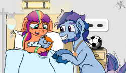 Size: 3873x2260 | Tagged: safe, artist:dawkinsdalmatian, imported from derpibooru, sunny starscout, oc, oc:sol starshine, earth pony, pony, alternate universe, argyle starshine, baby, baby pony, bed, crying, dragon ball, dragon ball (object), father and child, father and daughter, female, football, g5, hospital, hospital bed, incest, jewelry, male, mane stripe sunny, mother and child, newborn, regalia, sports, tears of joy, wristband