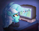 Size: 2556x2022 | Tagged: safe, artist:background basset, imported from derpibooru, lyra heartstrings, pony, unicorn, clothes, dig the swell hoodie, female, filly, filly lyra, foal, hoodie, horn, simple background, solo, table, television, younger