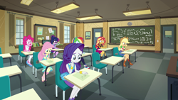 Size: 1920x1080 | Tagged: safe, imported from derpibooru, applejack, fluttershy, pinkie pie, rainbow dash, rarity, sunset shimmer, twilight sparkle, equestria girls, arms, belt, blizzard or bust, blouse, boots, bracelet, canterlot high, chair, classroom, clothes, collar, cowboy hat, denim skirt, desk, detention, dress, equestria girls specials, fingers, glasses, hairpin, hand, hat, holding, jewelry, leggings, legs, long hair, makeup, mane six, my little pony equestria girls: holidays unwrapped, pencil, pencil skirt, ponytail, rarity peplum dress, school, shirt, shoes, short sleeves, sitting, skirt, sleeveless, socks, t-shirt, table, tanktop, teenager, writing