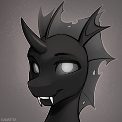 Size: 1880x1880 | Tagged: safe, artist:sugarstar, imported from derpibooru, oc, oc only, changeling, changeling oc, fangs, horn, icon, smiling, solo