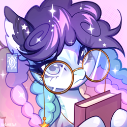 Size: 3000x3000 | Tagged: safe, artist:sugarstar, imported from derpibooru, oc, oc only, earth pony, pony, book, ear piercing, glasses, icon, piercing, solo, sparkles