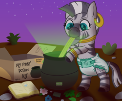 Size: 3200x2651 | Tagged: safe, artist:sweetielover, imported from derpibooru, zecora, zebra, baby, battery, book, box, cauldron, countryside, diaper, female, flower, glowing, high res, night, plant, rock, solo, standing, stick, toy, zecora in diaper