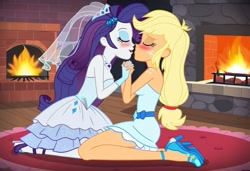 Size: 1216x832 | Tagged: safe, imported from twibooru, applejack, rarity, human, equestria girls, ai content, ai generated, clothes, dress, female, humanized, image, jewelry, kissing, lesbian, needs more jpeg, prompter:tiamatnightmare, rarijack, ring, shipping, wedding dress, wedding ring