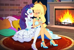 Size: 1216x832 | Tagged: safe, imported from twibooru, applejack, rarity, human, equestria girls, ai content, ai generated, clothes, dress, female, humanized, image, jewelry, kissing, lesbian, needs more jpeg, prompter:tiamatnightmare, rarijack, ring, shipping, wedding dress, wedding ring