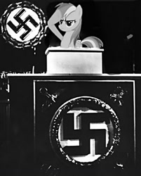 Size: 811x1009 | Tagged: safe, edit, editor:anonymous, imported from twibooru, rainbow dash, black and white, grayscale, image, monochrome, nazi, needs more jpeg, podium, real life background, salute, swastika, tail