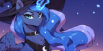 Size: 2400x1200 | Tagged: safe, imported from derpibooru, princess luna, alicorn, ai content, ai generated, bust, chest fluff, choker, hat, portrait, prompter:greesys, serious, solo, witch hat