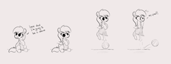Size: 1861x700 | Tagged: safe, artist:algoatall, imported from twibooru, noi, earth pony, human, pony, ball, black and white, comic, cute, female, filly, grayscale, holding a pony, image, monochrome, not pregnant, png