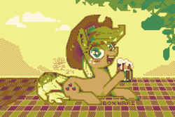 Size: 1920x1280 | Tagged: safe, artist:boxwari, imported from derpibooru, applejack, earth pony, pony, cider, cider mug, digital art, female, hoof hold, limited palette, looking at you, lying down, mare, mug, open mouth, open smile, outdoors, picnic blanket, pixel art, prone, signature, smiling, smiling at you, solo