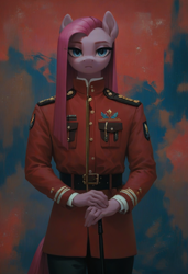 Size: 832x1216 | Tagged: safe, imported from derpibooru, pinkie pie, anthro, ai content, ai generated, bust, cane, clothes, generator:pony diffusion v6 xl, generator:stable diffusion, half body, looking at you, military uniform, pinkamena diane pie, portrait, prompt in description, prompter:kopaleo, standing, uniform, walking stick