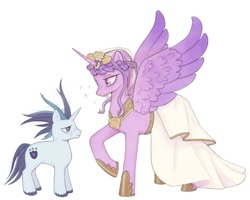 Size: 2000x1600 | Tagged: safe, artist:acclorat, imported from derpibooru, princess cadance, shining armor, alicorn, pony, unicorn, clothes, dress, female, height difference, horn, male, mare, meme, messy mane, shiningcadance, shipping, simple background, spread wings, stallion, straight, the bride and the ugly ass groom, toy interpretation, wedding dress, white background, wings