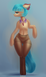 Size: 1200x2000 | Tagged: safe, artist:falses, imported from derpibooru, coco pommel, earth pony, pony, semi-anthro, adorasexy, bedroom eyes, belly, belly button, clothes, crossed legs, cute, digital art, eyelashes, eyes open, female, high res, hips, legs, legs together, legwear, looking at something, looking at you, mare, pantyhose, ribcage, sexy, shading, socks, solo, tail, thigh highs, thighs, tights, wide hips