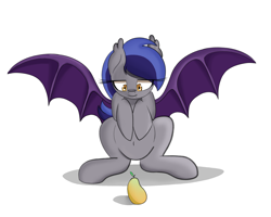 Size: 2500x2000 | Tagged: safe, artist:kenzie, imported from derpibooru, oc, oc only, oc:echo, bat pony, bat wings, belly button, female, food, front view, fruit, hooves to the chest, looking at something, mango, mare, simple shading, solo, spread wings, wings