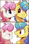 Size: 1000x1500 | Tagged: safe, artist:candy meow, imported from derpibooru, lemon hearts, twinkleshine, pony, unicorn, 2 panel comic, cartoon physics, chest fluff, comic, duo, ear fluff, female, floppy ears, food, horn, lemon, lemon meme, looking at each other, looking at someone, mare, meme, name joke, puckered face, scrunchy face, shocked, simple background, smiling, sour, tongue out, white background
