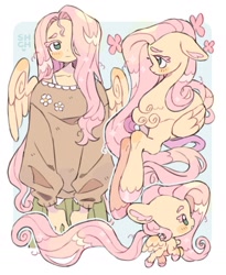 Size: 1473x1798 | Tagged: safe, artist:sharpycharot, imported from derpibooru, fluttershy, anthro, pegasus, pony, chest fluff, clothes, female, lying down, mare, passepartout, prone, self paradox, self ponidox, solo, unshorn fetlocks