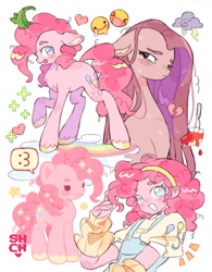 Size: 1536x1969 | Tagged: safe, artist:sharpycharot, imported from derpibooru, gummy, pinkie pie, alligator, earth pony, human, pony, equestria girls, :3, arm warmers, cake, chest fluff, clothes, crying, female, floating heart, food, hairband, heart, heartbreak, mare, pinkamena diane pie, self paradox, self ponidox, speech bubble, tongue out, unshorn fetlocks