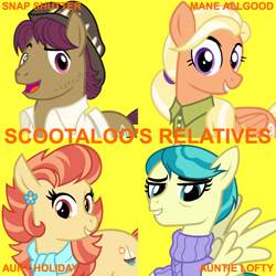 Size: 1080x1080 | Tagged: safe, artist:cheezedoodle96, edit, editor:jaredking779, imported from derpibooru, aunt holiday, auntie lofty, mane allgood, snap shutter, earth pony, pegasus, pony, clothes, female, hat, male, mare, scarf, shirt, simple background, spread wings, stallion, sweater, wings, yellow background