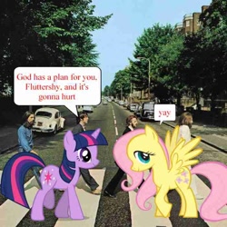 Size: 700x700 | Tagged: safe, edit, imported from derpibooru, fluttershy, twilight sparkle, pegasus, pony, unicorn, abbey road, female, mare, needs more jpeg, real life background, stock vector, talking, text, unicorn twilight, yay