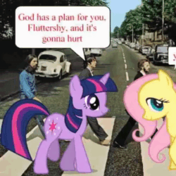 Size: 466x466 | Tagged: safe, edit, imported from derpibooru, fluttershy, twilight sparkle, pegasus, pony, unicorn, abbey road, female, horn, mare, real life background, talking, text, unicorn twilight, yay