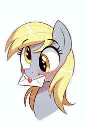 Size: 3328x4864 | Tagged: prompter needed, safe, imported from derpibooru, derpy hooves, pegasus, pony, absurd resolution, ai content, ai generated, blushing, bust, cute, derpabetes, eyebrows, eyebrows visible through hair, female, generator:novelai, generator:stable diffusion, letter, love letter, mare, mouth hold, simple background, smiling, solo, white background