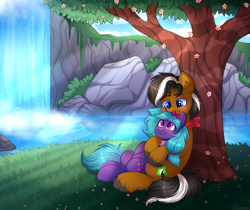 Size: 5500x4630 | Tagged: safe, artist:madelinne, imported from derpibooru, oc, oc only, earth pony, unicorn, duo, earth pony oc, flower, grass, horn, male, stallion, tree, unicorn oc, water, waterfall