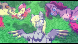 Size: 1600x900 | Tagged: safe, artist:isaacbloom, imported from derpibooru, apple bloom, derpy hooves, pinkie pie, earth pony, pegasus, pony, adorabloom, beanbrows, colored wings, colored wingtips, cute, derpabetes, deviantart watermark, diapinkes, eyebrows, female, mare, obtrusive watermark, overhead view, sharp teeth, spread wings, teeth, underhoof, watermark, wings