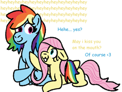 Size: 1725x1300 | Tagged: safe, artist:zoeyhorse, imported from derpibooru, fluttershy, rainbow dash, pegasus, pony, cute, dashabetes, dialogue, female, floppy ears, flutterdash, imminent kissing, lesbian, lying down, mare, open mouth, open smile, prone, shipping, shyabetes, simple background, size difference, smiling, white background