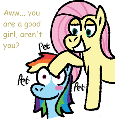 Size: 922x986 | Tagged: safe, artist:zoeyhorse, imported from derpibooru, fluttershy, rainbow dash, pegasus, pony, blush sticker, blushing, bust, dialogue, female, flutterdash, good girl, head pat, lesbian, lidded eyes, mare, onomatopoeia, open mouth, open smile, pat, petting, shipping, simple background, smiling, white background